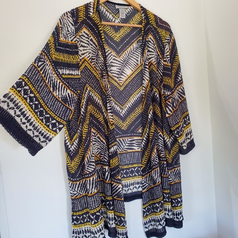 CATHERINES 2X Blue Yellow Open Kimono Topper Geo Print Beachy Sheer Light Travel